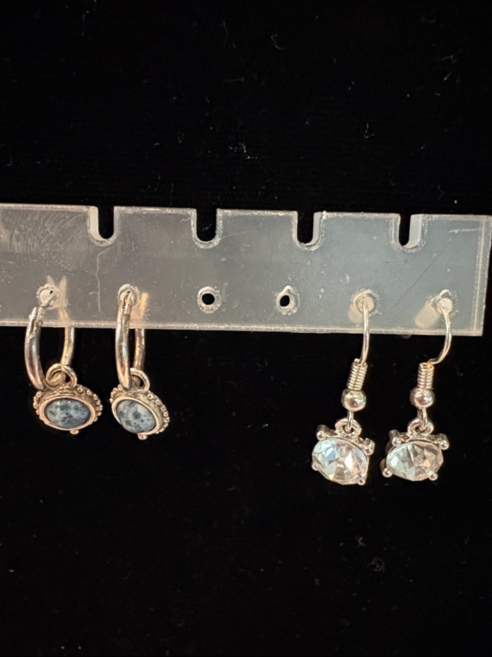 Silver-Tone Earrings Set with Clear and Blue Accents